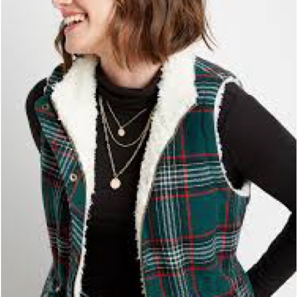 NWT Maurices Medium Green Plaid Sherpa Lined Cinch Waist Sleeveless Vest - Picture 8 of 8